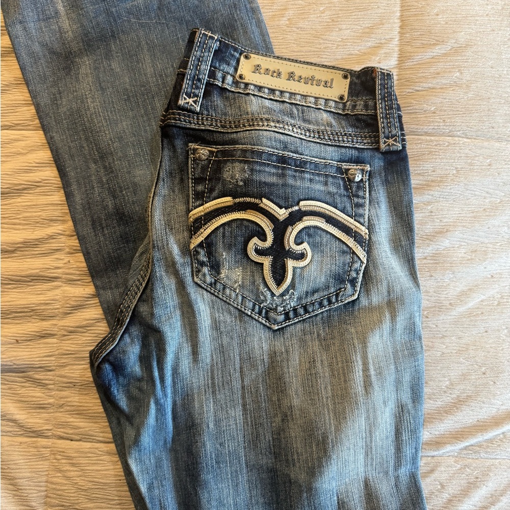 Rock Revival Blue Boot Cut Jeans with Ornate Back Design, Like New